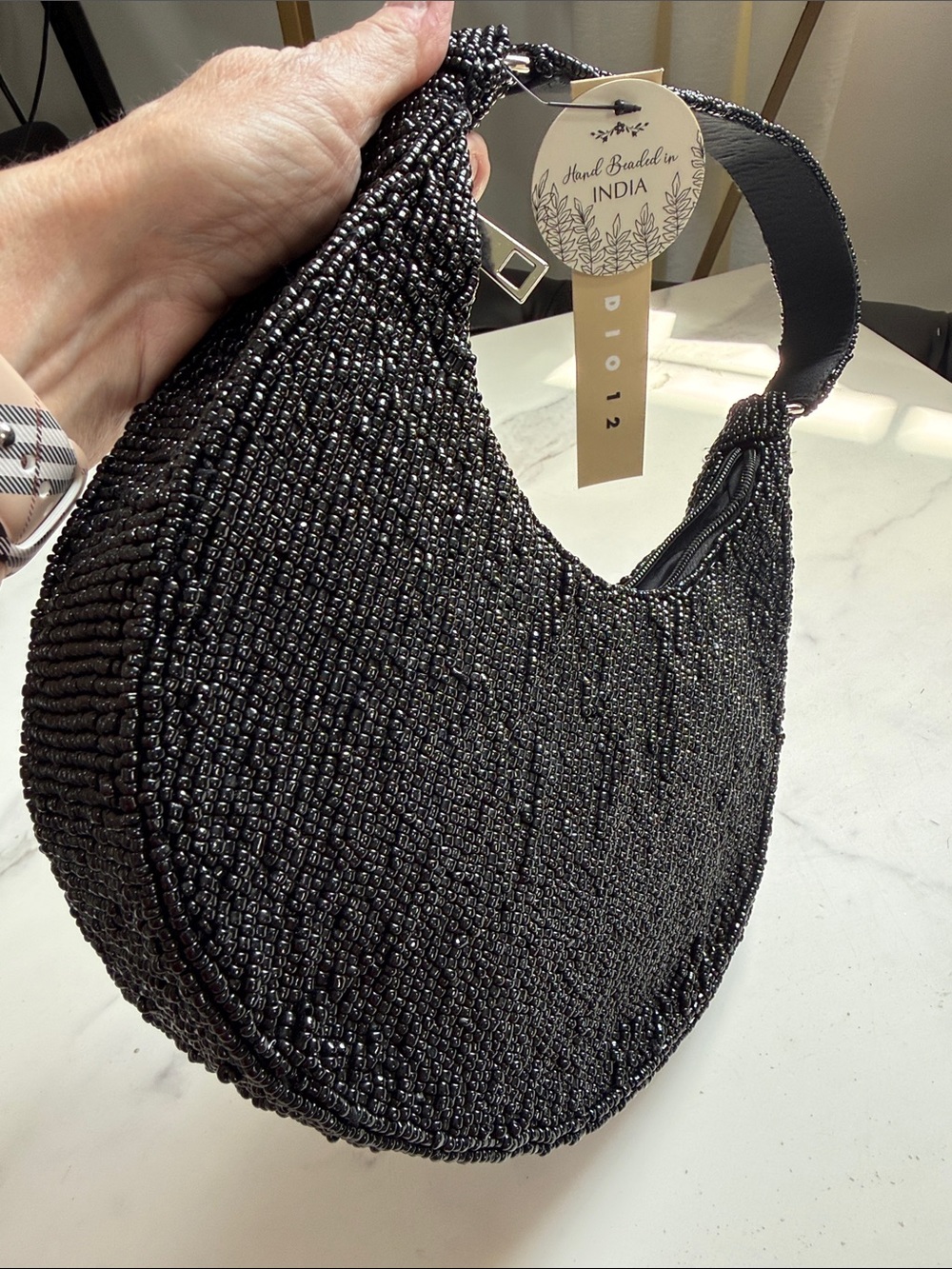 Beaded Floral Black Crescent Shoulder Bag - Picture 6 of 9
